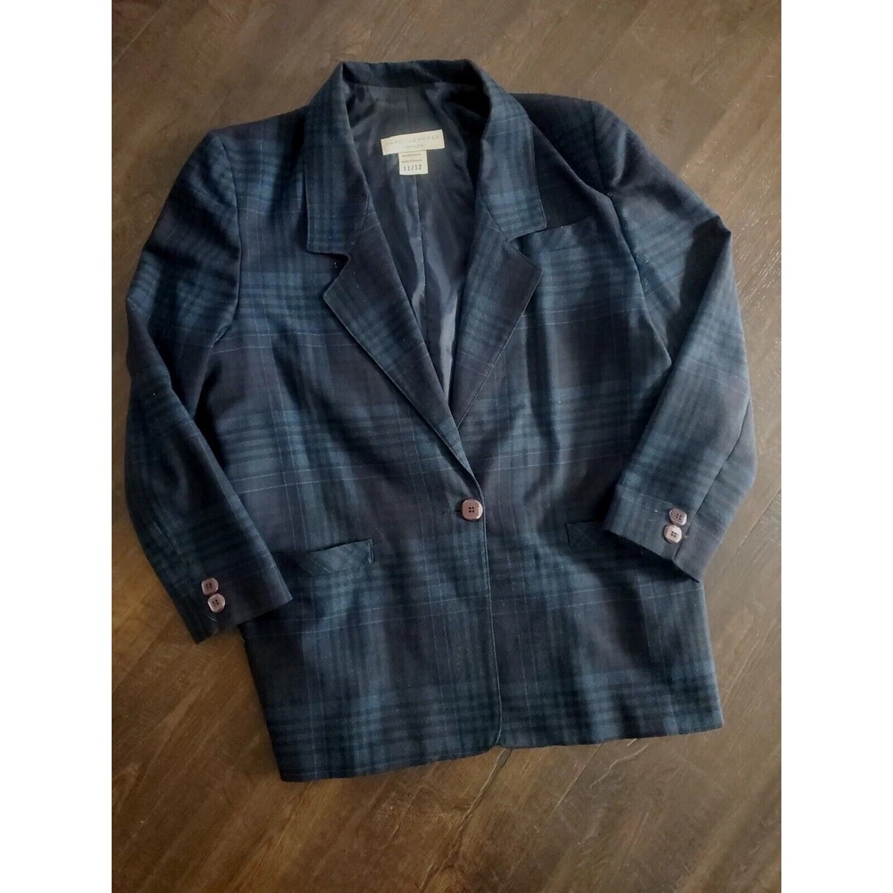 Size‎ 11/12 Vintage Academia Collegiate Blazer Black Blue Check Wool Blend